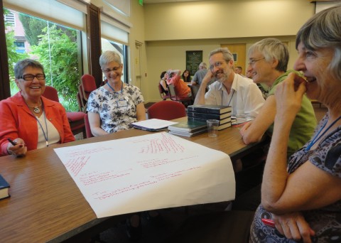 "World Cafe" discussion.  Left to right are:  Lois Kauffman, Pat Shaver, Fred Yocum, Helen Yocum and Roseyn Devlin.