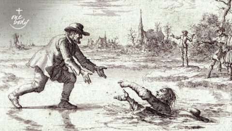 Woodcut of 16th-century Anabaptist leader and eventual martyr Dirk Willems halting his escape from prison to rescue the guard pursuing him.