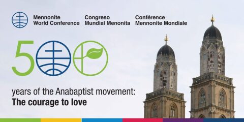 Banner advertising 500-year anniversary commemoration of Anabaptism in Zurich, Switzerland.